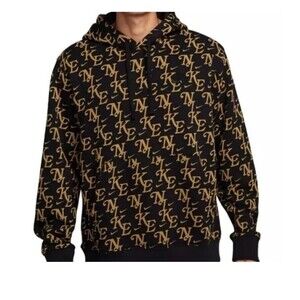 AUTHENTIC NIKE CLUB MONOGRAM PO AOP  Fleece Hoodie FZ2230-010 Mens S Black Gold